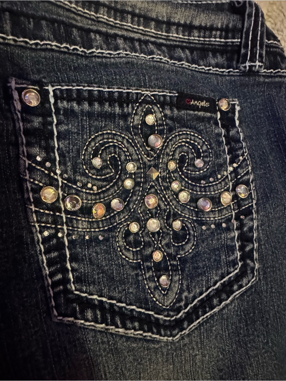 Angels Women's Dark Blue Bootcut Jeans with Crystal Pocket Embellishment